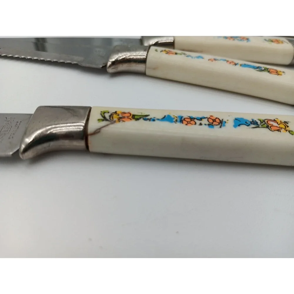 6 VTG Steak Knives Plastic Handle‎ Blue Bird Orange Stainless